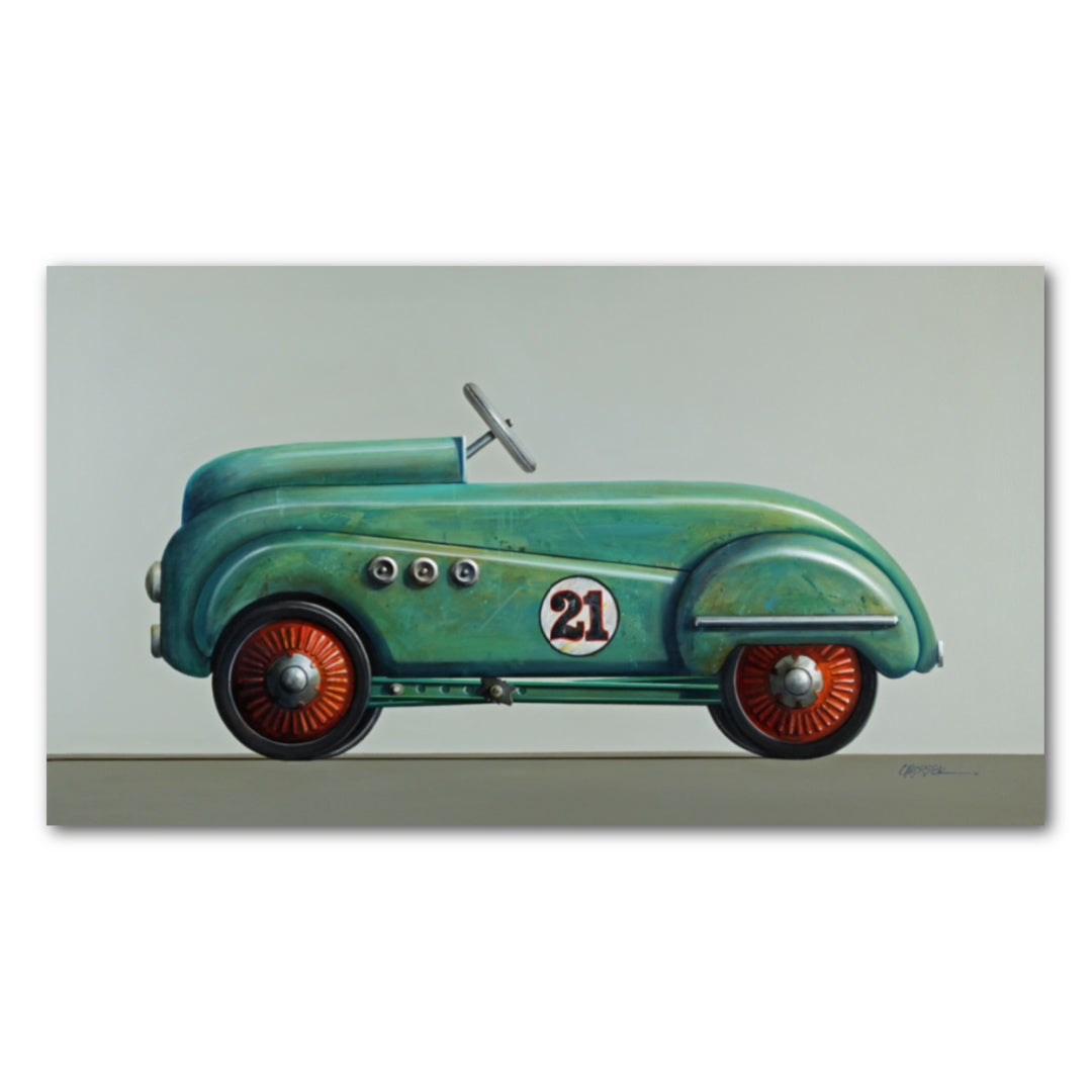 Roadster Verde, painting by Wendy Chidester. Oil paint on canvas. 28.75 by 49.5 inches.