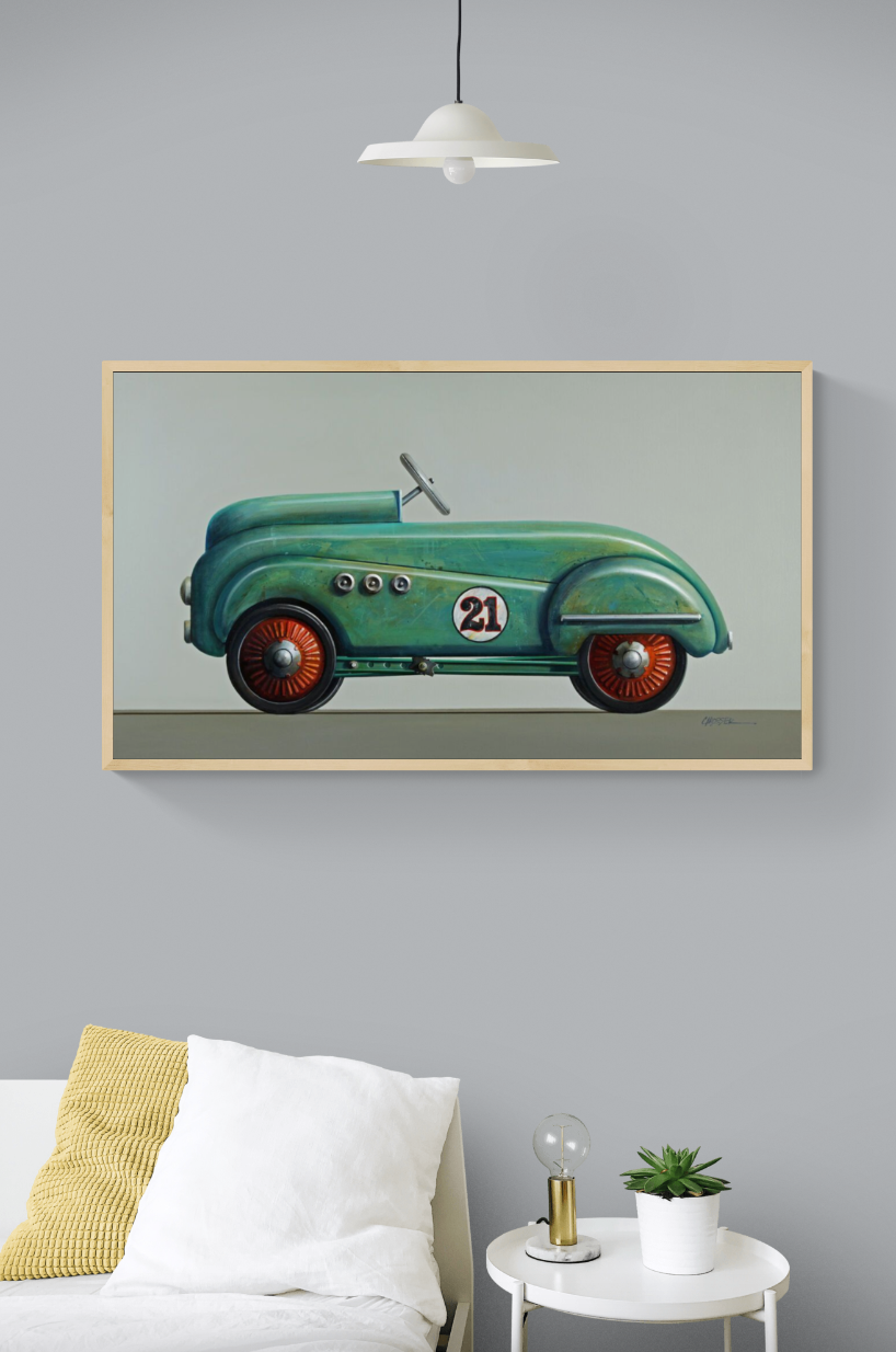 Roadster Verde, painting by Wendy Chidester, displayed in a living room. Oil paint on canvas. 28.75 by 49.5 inches.