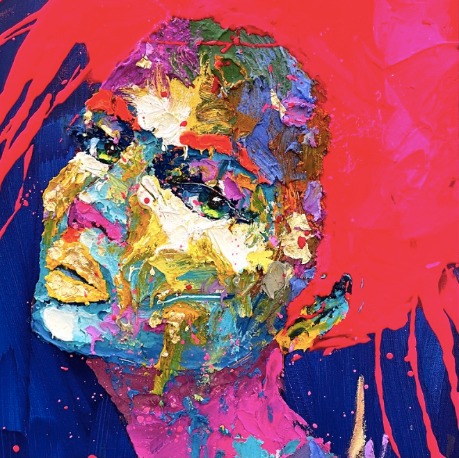 side view portrait of woman face in thick expressionistic brushstrokes and multi color neon splattered red paint hair on bright blue background