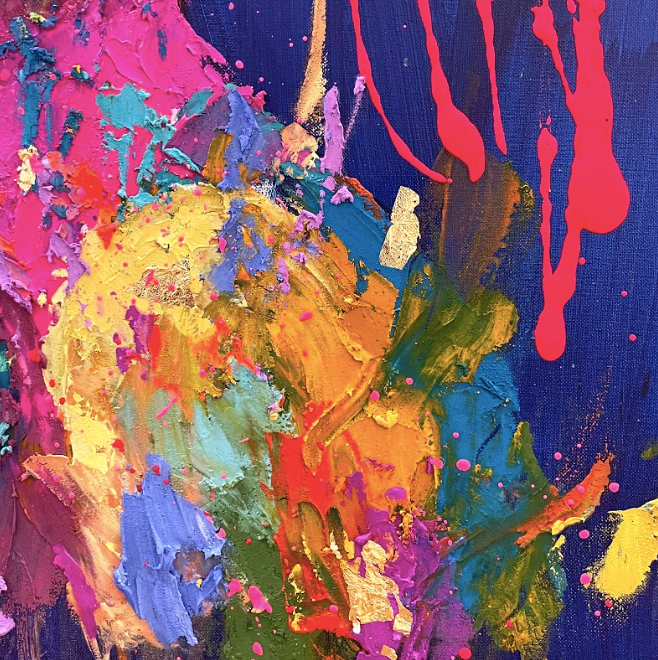 side view portrait of woman face in thick expressionistic brushstrokes and multi color neon splattered red paint hair on bright blue background