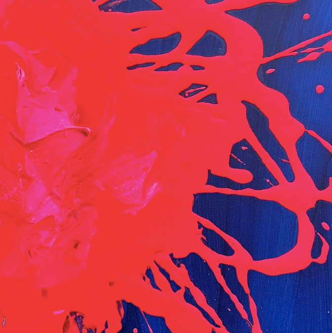 side view portrait of woman face in thick expressionistic brushstrokes and multi color neon splattered red paint hair on bright blue background
