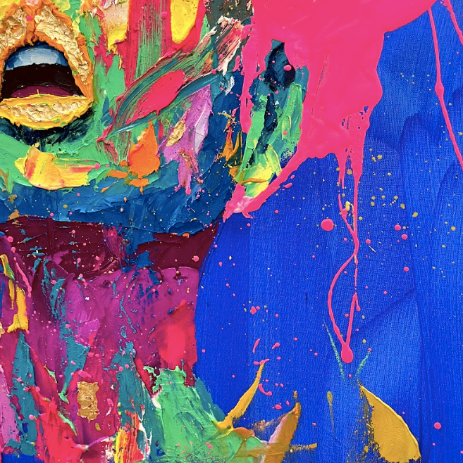 straight on portrait of woman face mouth open in thick gestural brushstrokes in bright neon color on blue background splattered pink hair