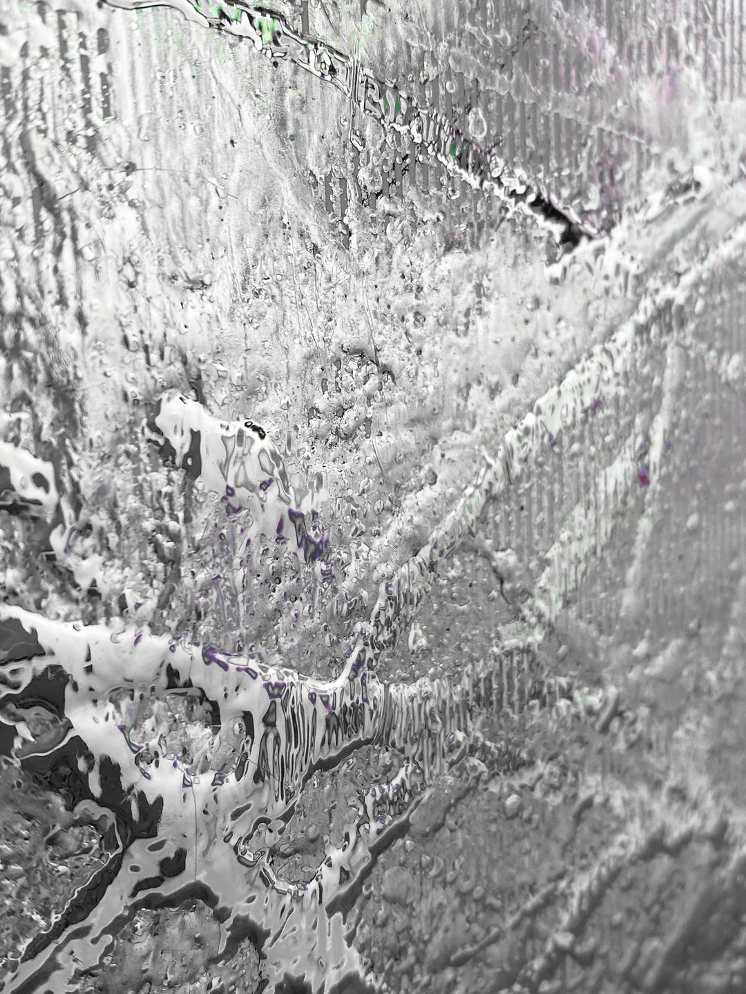 Detail of M. Clark "Silver Texture No. 35". Silver foil on illustration board mounted to 10.5"x8"x0.5" sintra panel. Abstract silver textural painting.