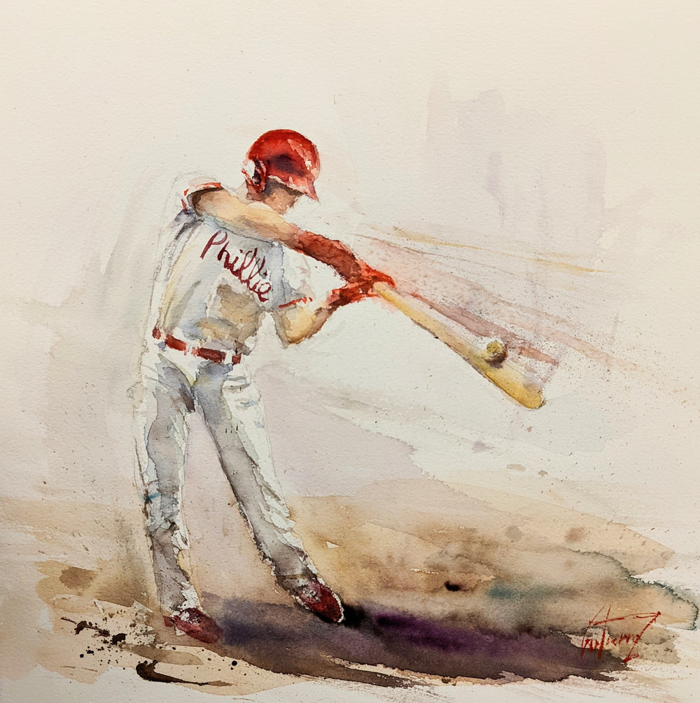 The Hitter, artwork by Pierre Gutierrez. Watercolor on paper. 14 by 14 inches.