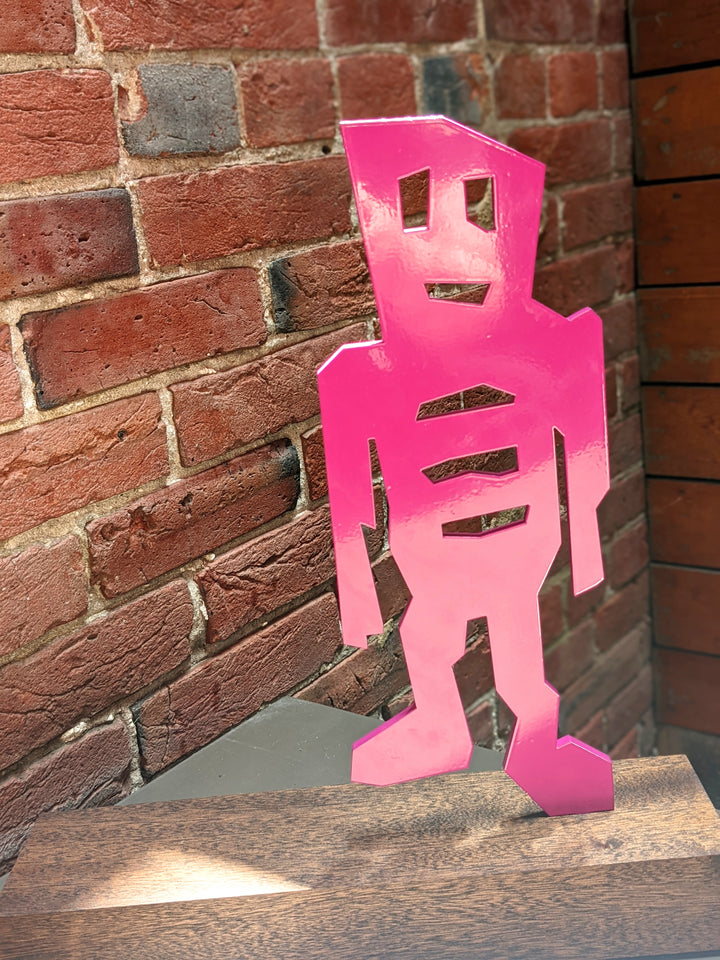 detail of The Wanderer, sculpture by Stikman. Laser-cut powder coated steel. 13 inches tall.