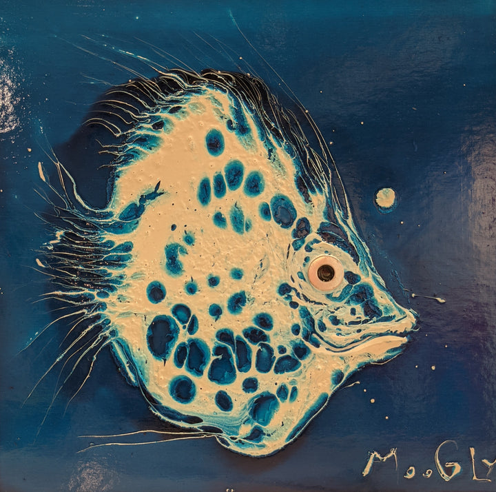Tropicalized, artwork by Moogly. Acrylic and collage on cardboard. 10 by 10 inches.