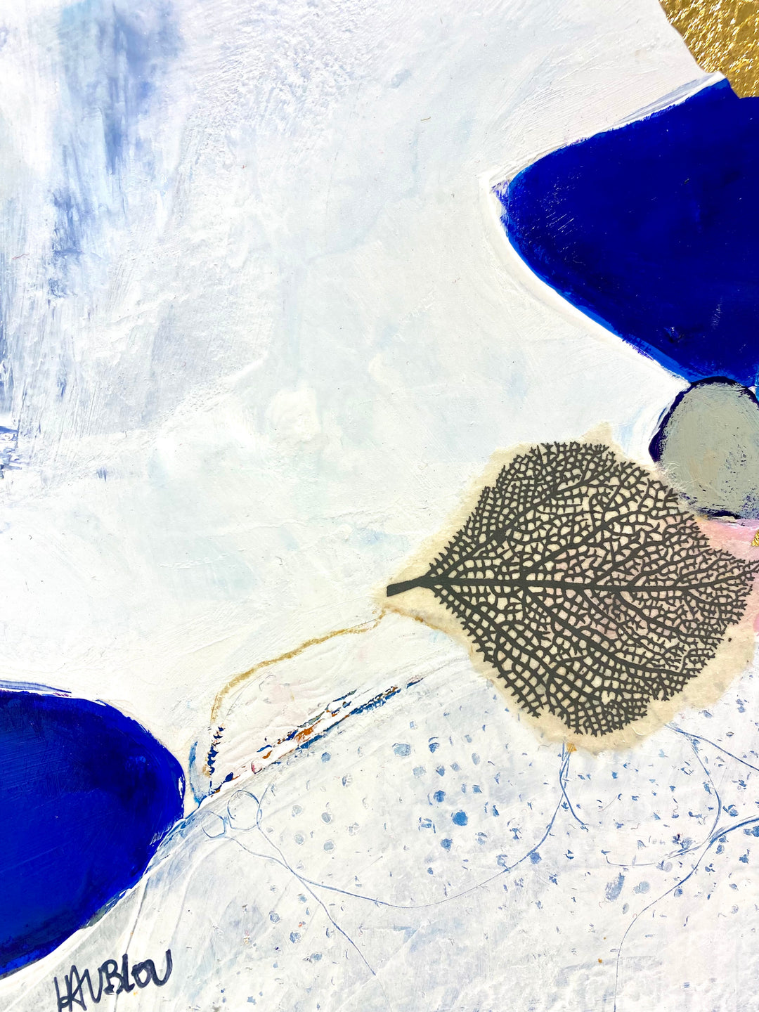 Detail of Lau Blou 10" x 10" Vacances à Ploumenach white abstract painting