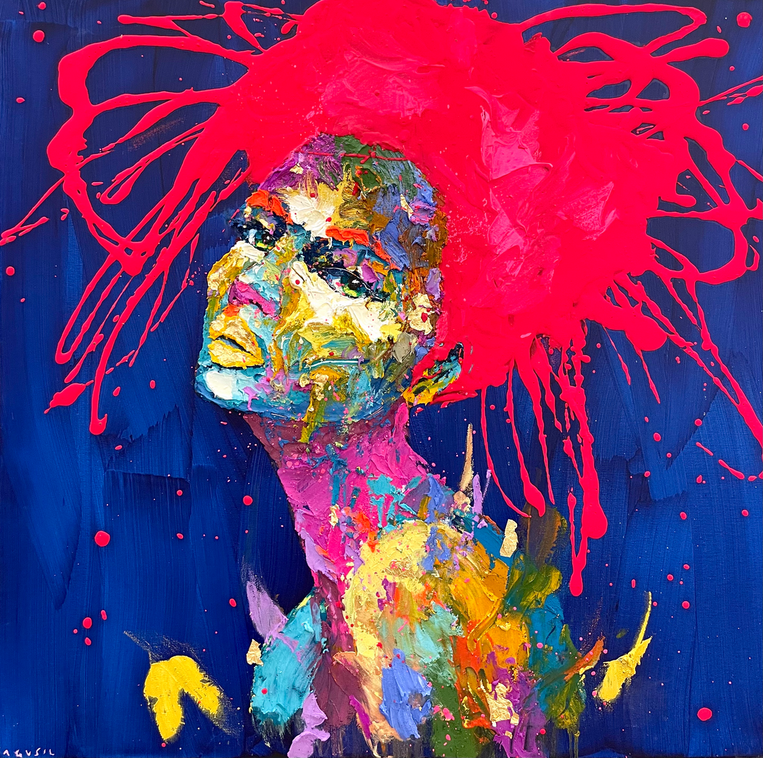side view portrait of woman face in thick expressionistic brushstrokes and multi color neon splattered red paint hair on bright blue background