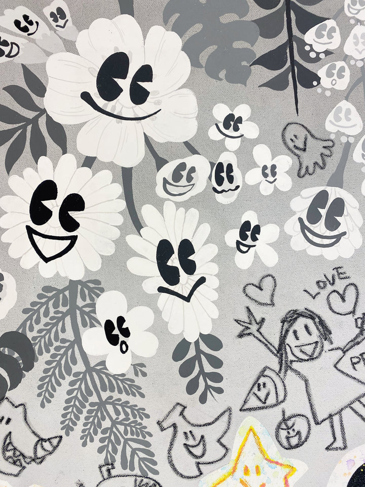 Detail of Yusuke Toda - YUM and Friends Viewing Flowers, black and white, multicolor contemporary painting. Acrylic and oil stick on 35.4" x 35.4" canvas