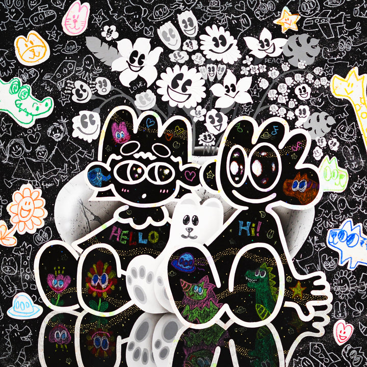 Yusuke Toda - YUM and RIN, black and white, multicolor contemporary painting. Acrylic and oil stick on 35.4" x 35.4" canvas