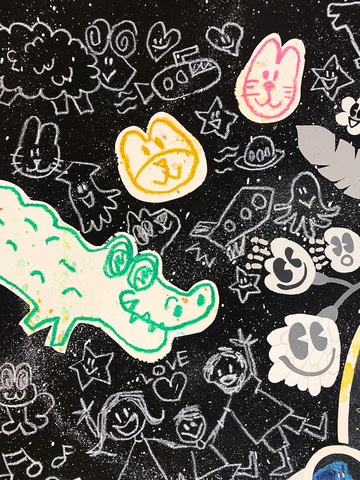 Detail of Yusuke Toda - YUM and RIN, black and white, multicolor contemporary painting. Acrylic and oil stick on 35.4" x 35.4" canvas