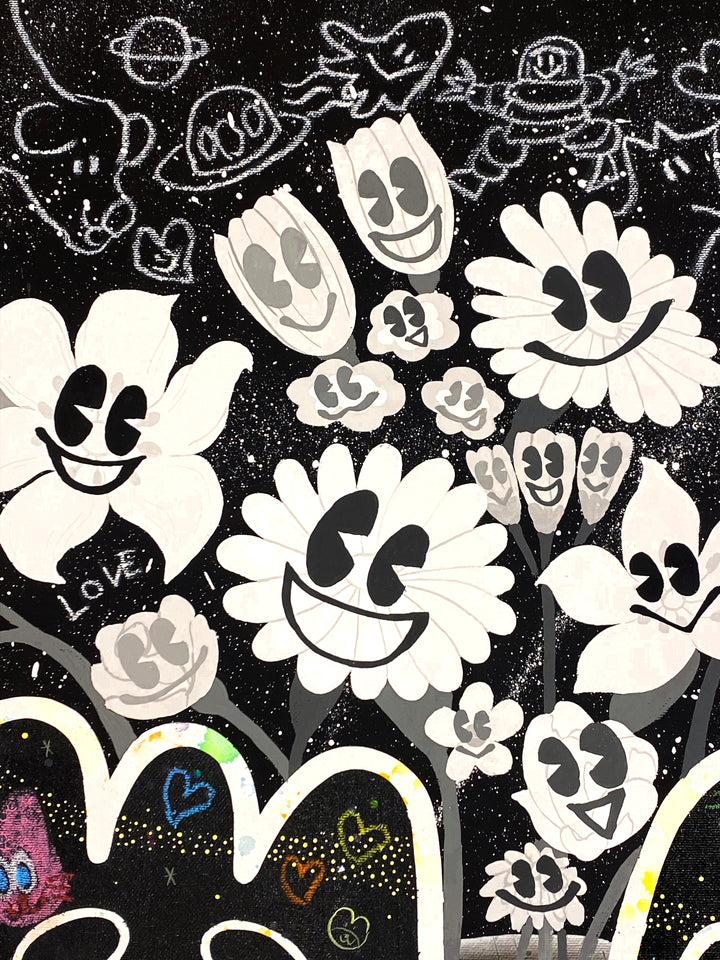 Detail of Yusuke Toda - YUM and RIN, black and white, multicolor contemporary painting. Acrylic and oil stick on 35.4" x 35.4" canvas
