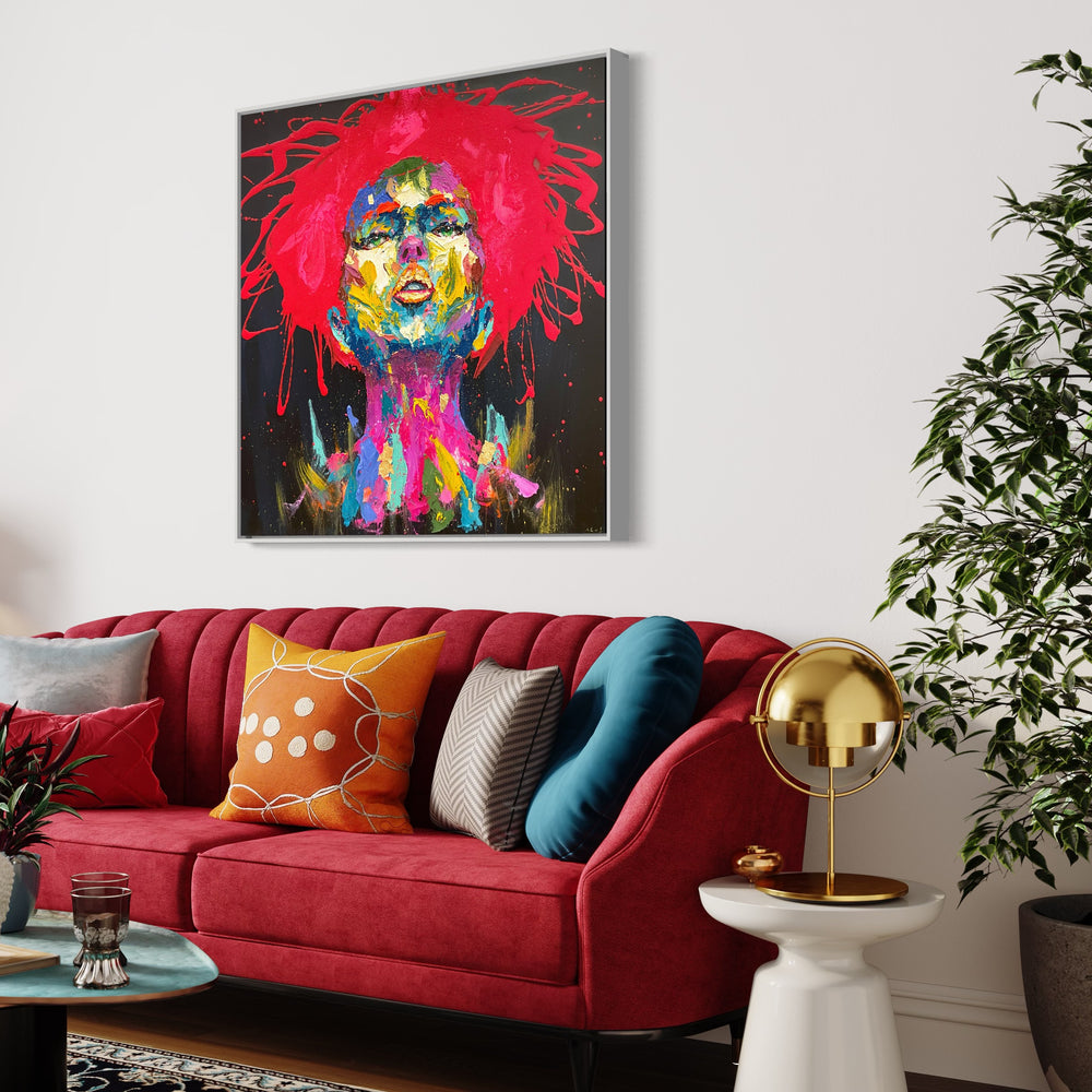 Front facing portrait of woman looking upwards slightly in thick gestural abstract brush stroked in multi color and gold foil with red splattered hair on black background