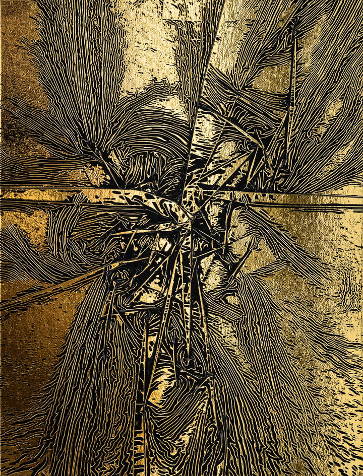 M. Clark "Golden Texture No. 355". Gold foil on illustration board mounted to 10.5"x8"x0.5" sintra panel. Abstract gold and black textural painting.