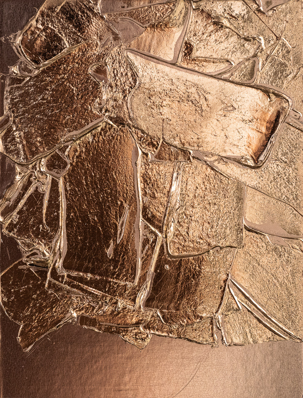 M. Clark "Copper Texture No. 72". Copper foil on illustration board mounted to 10.5"x8"x0.5" sintra panel. Abstract copper textural painting.