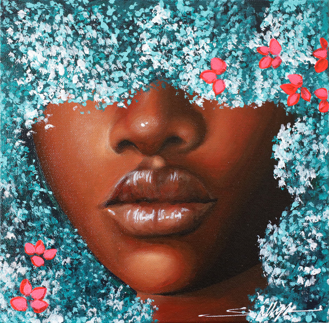 Baby Breath I, artwork by Sally K. Acrylic paint on canvas. 12 by 12 inches. Lower half of woman&